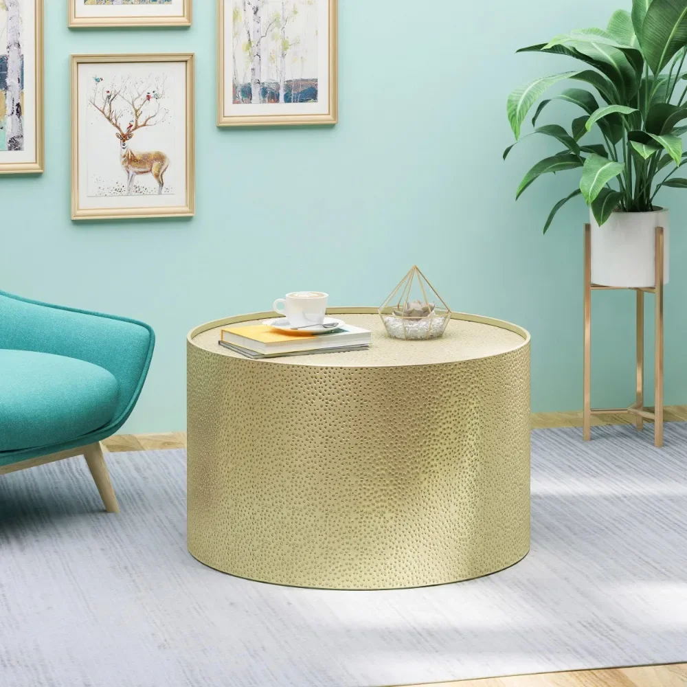 

Corey Modern Hammered Iron Round Coffee Table, Gold