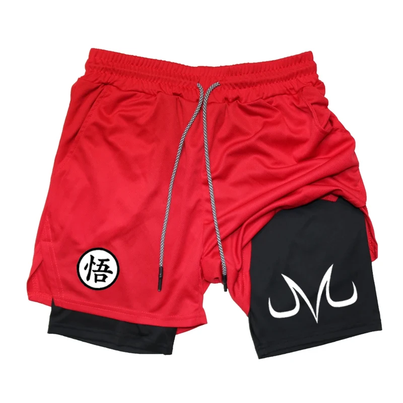 Fashionable men's printed fitness shorts, casual gym exercise, sports, quick drying knitting, double-layer, 2-in-1, summer, bran 2