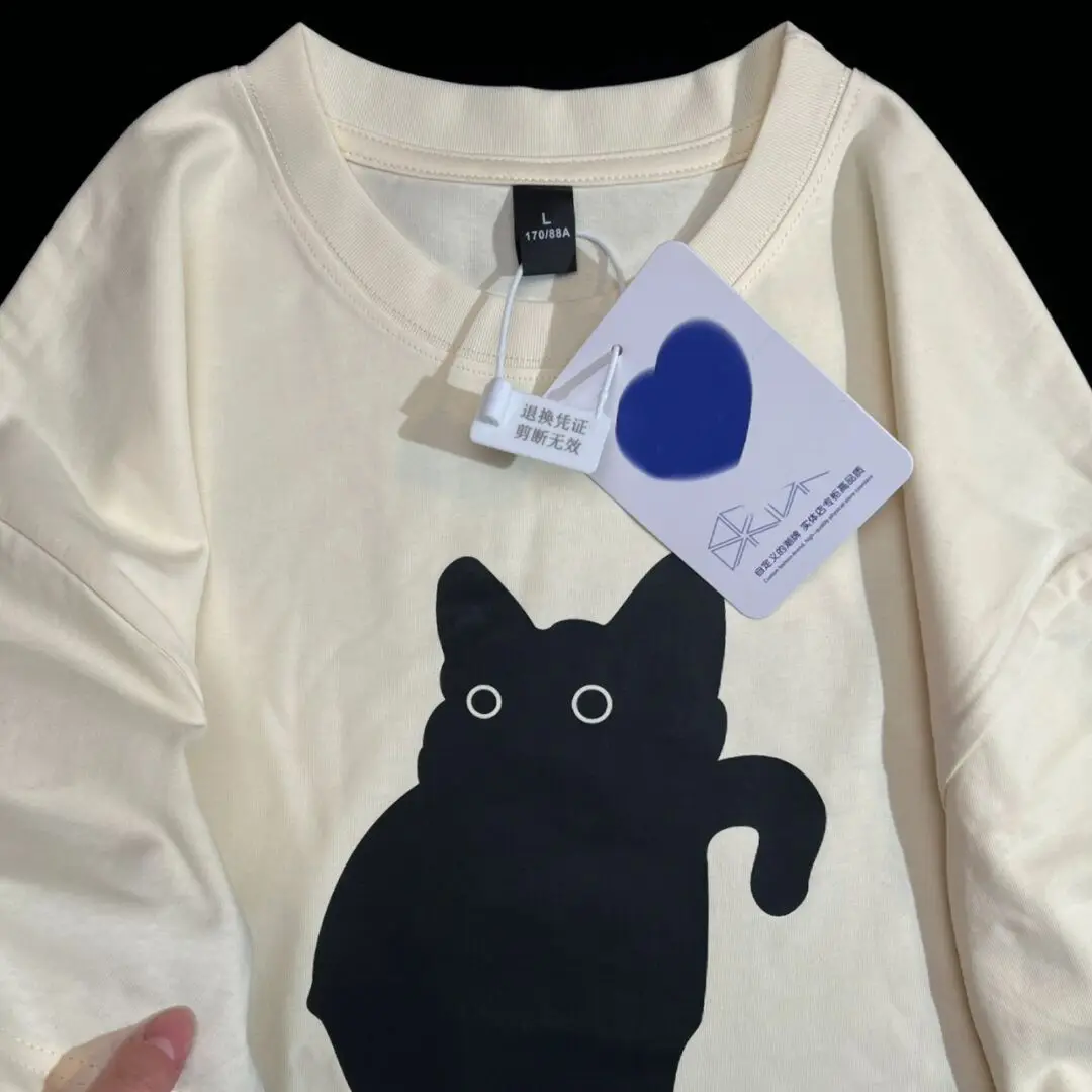 

Trendy retro black cat print graphic T-shirt for men and women loose fitting summer hip-hop couple casual short sleeved top