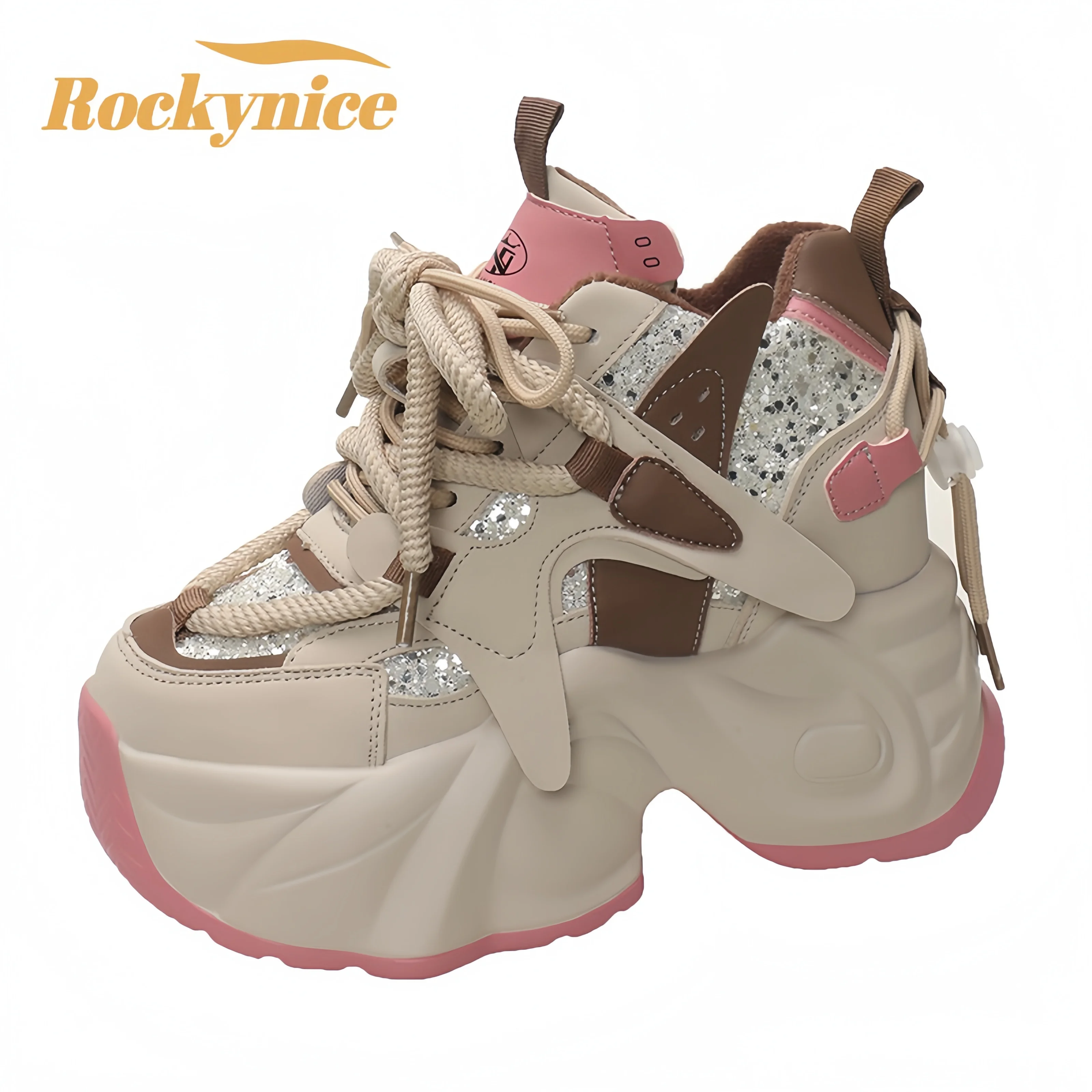

Women Bling Chunky Sneakers NEW Winter High Platform Warm Fur Shoes Ladies Wedges Casual Dad Shoes Leather Sports Sneakers 7.5CM