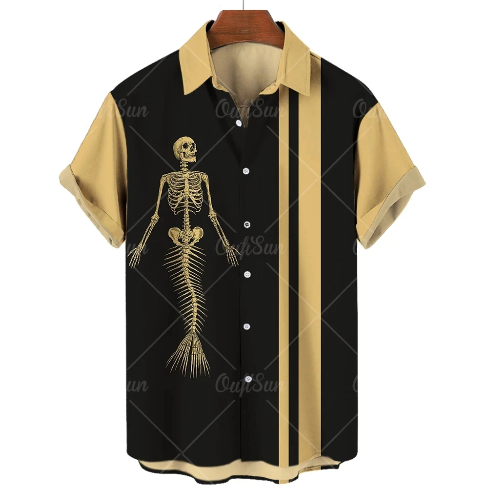 thumbnail image 1 of Camisa de manga corta para hombre, cómoda y transpirable, informal, con estampado 3D de calavera divertida, nueva de verano de 2024, con solapa y botones, talla grande, 1 of 5