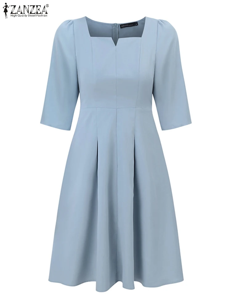 knee length dresses for ladies Vestidos ZANZEA Women Retro Long Dress Elegant Ladies Long Sleeve Deep