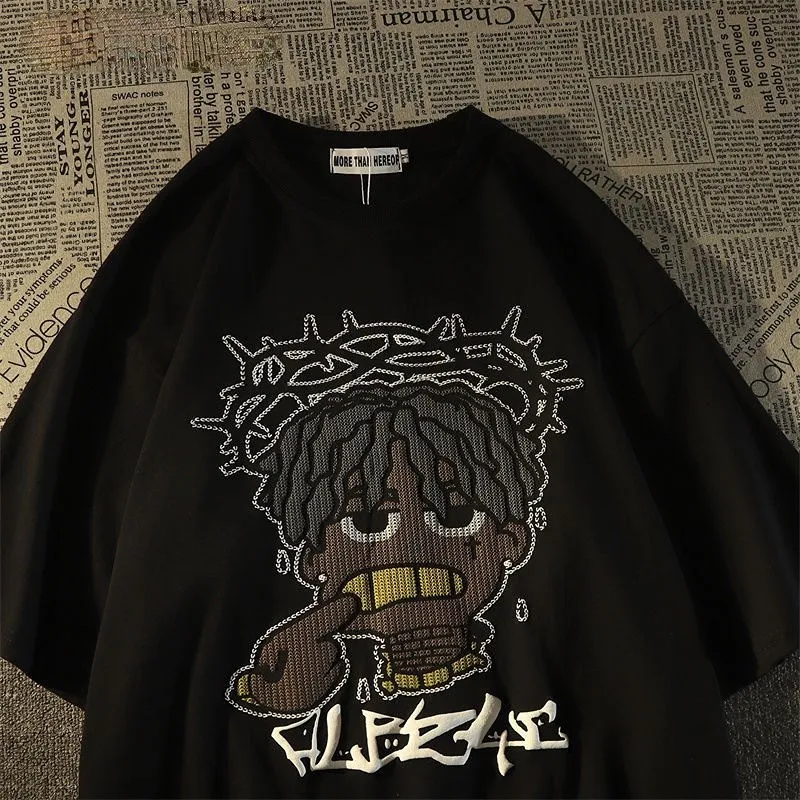 

American style retro hiphop pixel cartoon short sleeved t-shirt for men and women ins summer loose high street couple top y2k