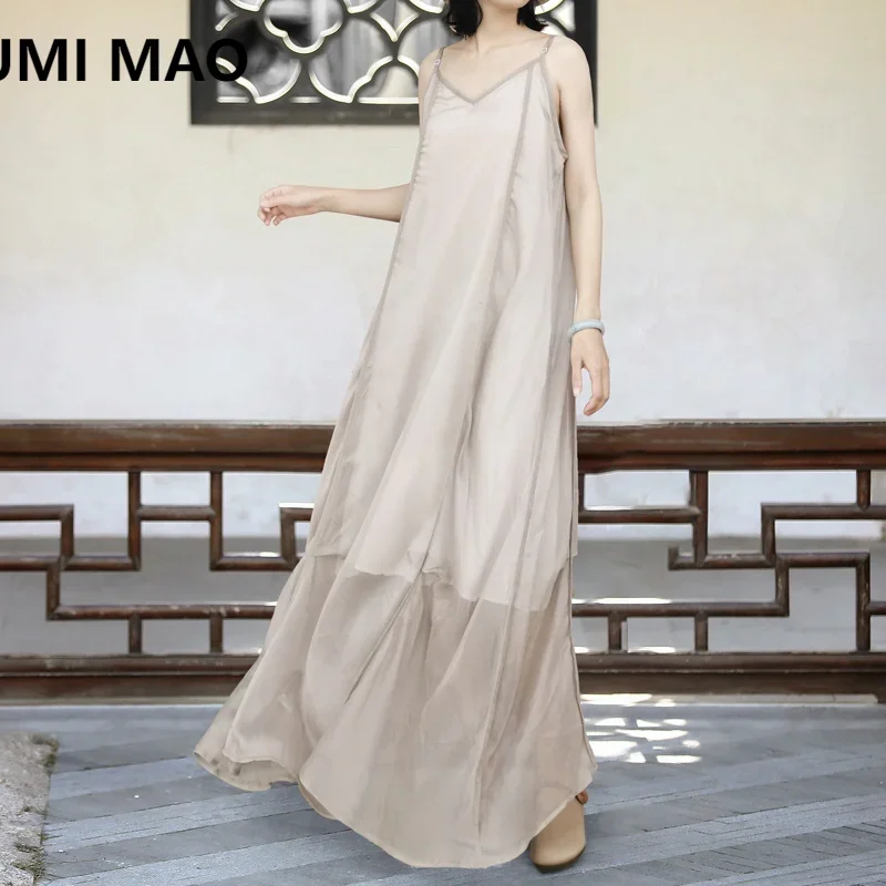 

UMI MAO Chinese Style Temperament Dress Elegant With Niche Design Three-dimensional Cut Flowing Suspender Long Dresses Femme