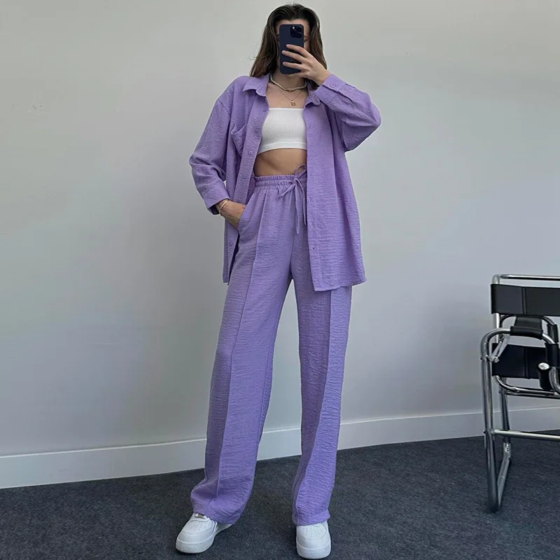 2022 Set Women's Autumn and Winter Long sleeved Shirt with Folded Elastic Waist Pants Elegant Solid Color Two Piece Set New