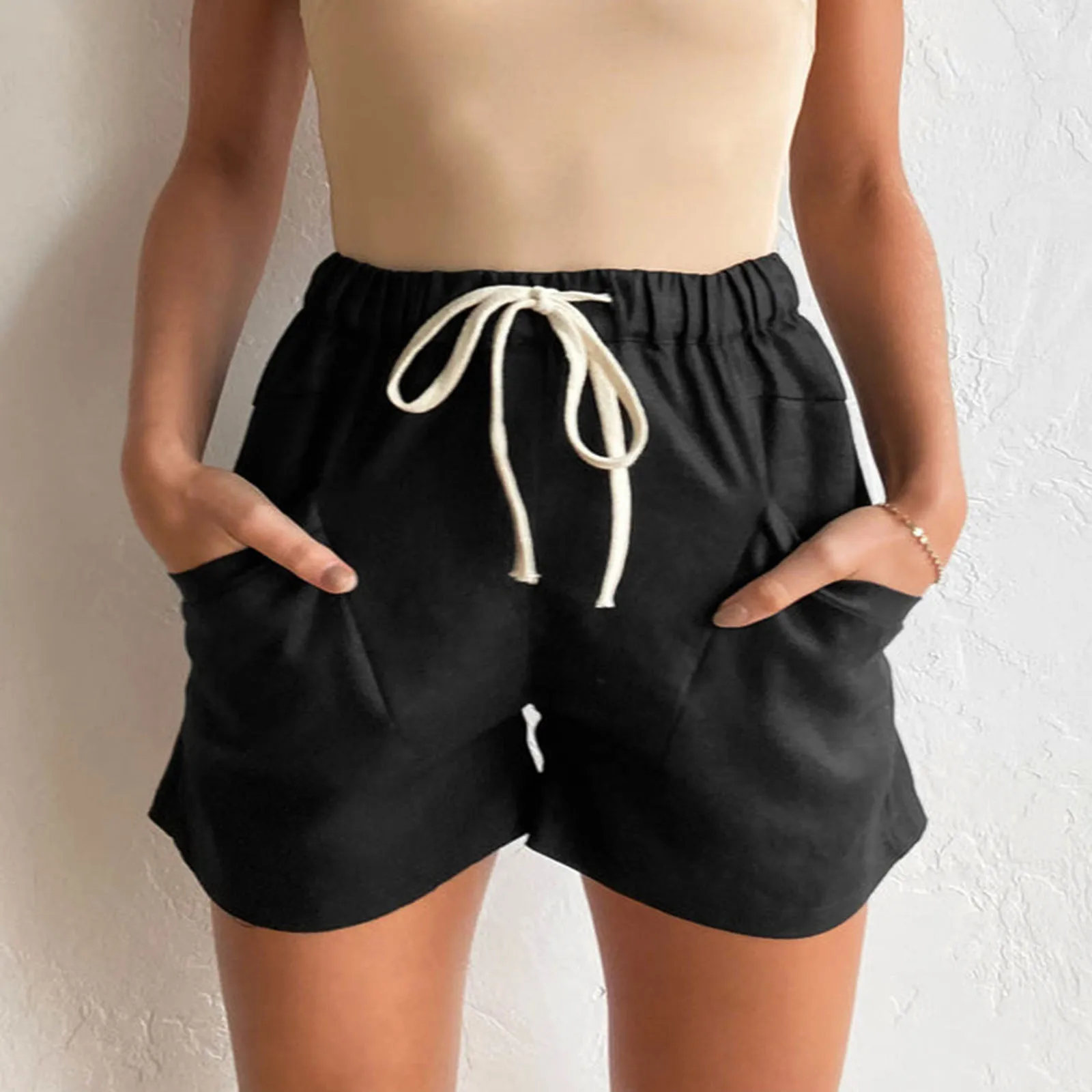 

Women Cotton Linen Shorts Casual Basic Short Pants Elastic High Waist Drawstring Loose With Pockets Summer Sports Shorts Female