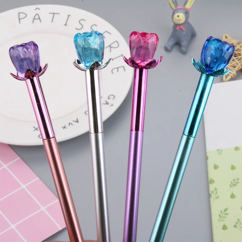 12 Pcs Wholesale Metallic Crystal Rose Gel Pens Set Metallic Pens Flower Cap Black Water-based School Office Supplies
