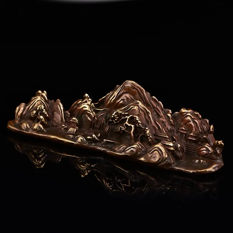 Brass Pen Holder Stand - Antique Chinese Landscape Calligraphy Brush Rest, Solid Copper Scholar's Desk Decor, Study Room Ornamen