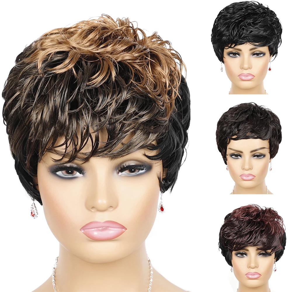 

MOD DORA Short Straight Wigs Synthetic Hair Pixie Cut Wig With Bangs Heat Resistant Fiber Hair Wigs For Black Women