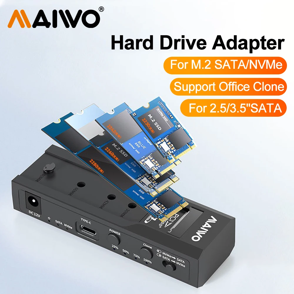 Maiwo M2แบบอ่าวคู่ SSD Enclosure NVMe NGFF 10Gbps เคส M.2 SSD 2.5 "/3.5" แฟลชไดร์ฟเคส HDD พร้อมโคลนสำนักงานสำหรับพีซี 1