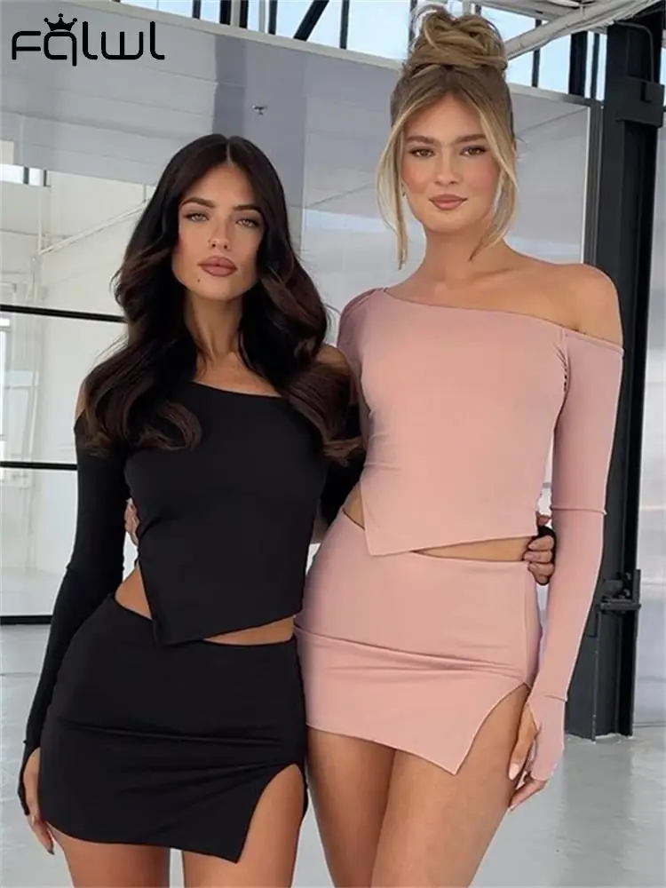 

Habbris Pink Sexy Asymmetric 2 Two Piece Skirt Set Party Club For Women 2023 Fashion Skew Collar Long Sleeve Crop Top Skirt Sets