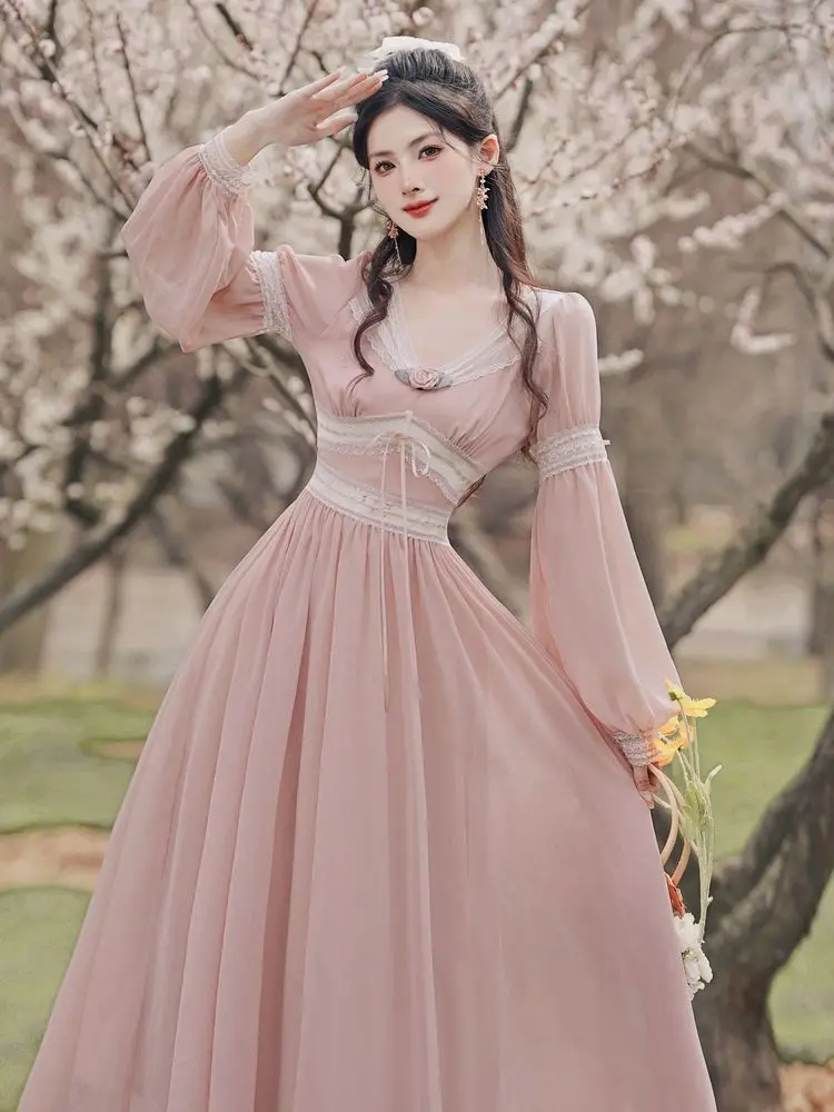 

Korea Romantic Pink Chiffon Fairy Dress Woman Vintage Lantern Sleeve V-Neck Lace Princess Dresses For Party Night Vestido Festa