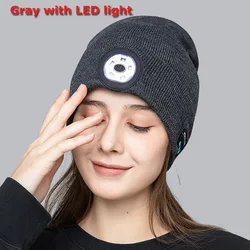Bluetooth 5.0 LED Beanie Hat with Wireless Stereo Sound and Hands - Free Mic (Gray with Light)