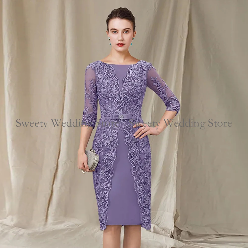 Lavender Short Mother of The Bride Dress Scoop Half Sleevs Lace Knee Length Wedding Guest Gown Groom Suits mother bride dresses