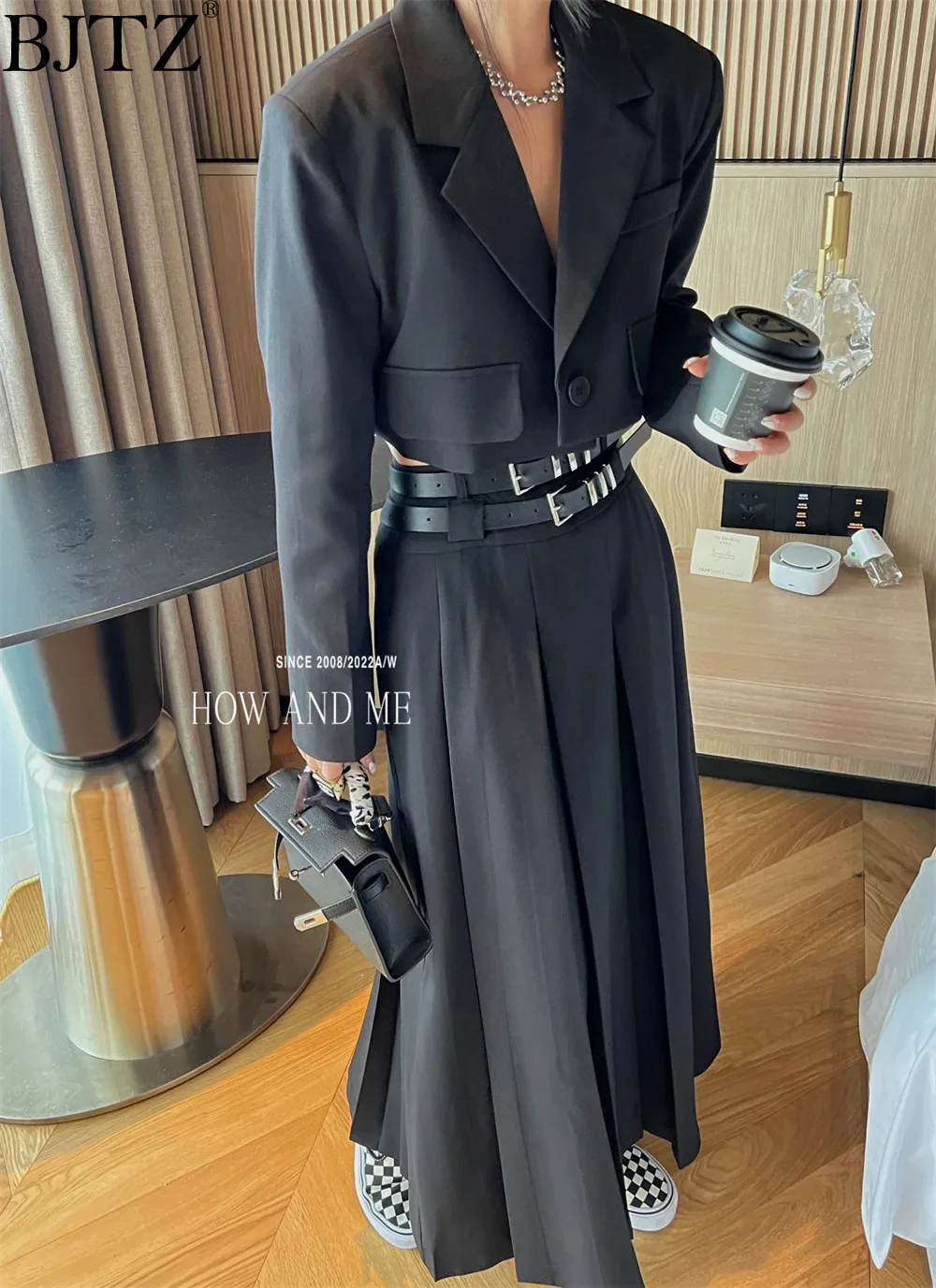 BJTZ 2024 Spring Autumn Korean Designer Fashion Sets Women's Clothing Temperament High Waist Blazer Set Two Piece Female creatingtime 2022 spring new fashion double breasted blazer and high waist skirts solid color two piece sets women ga641