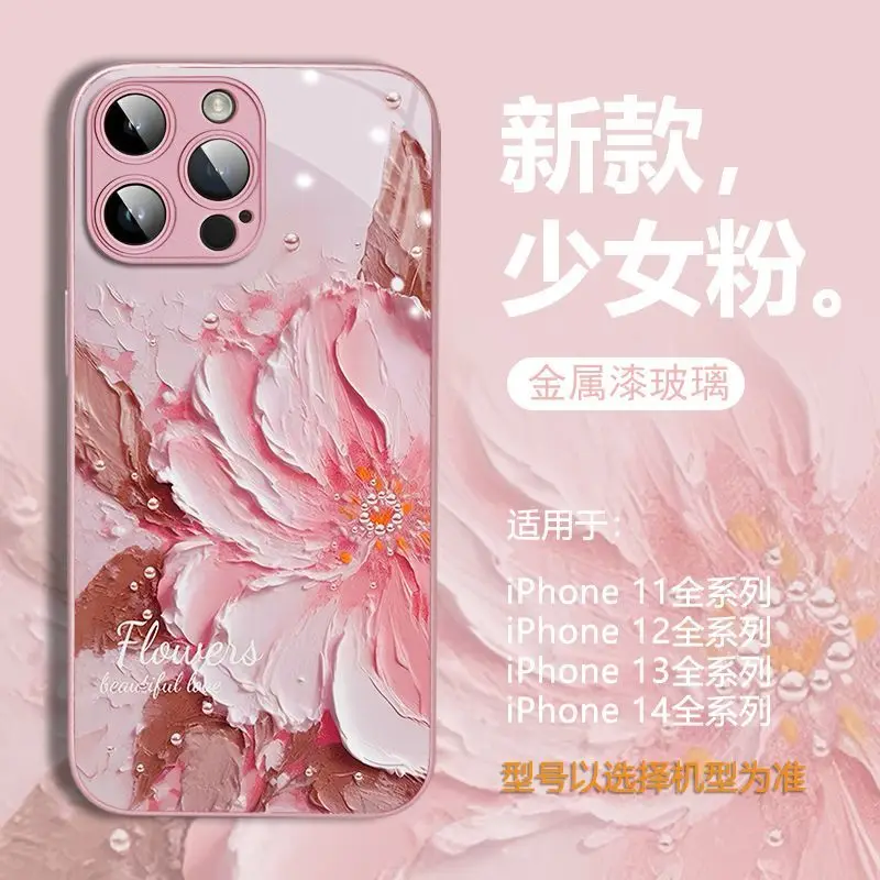 Oil painting peony mobile phone case artistic sense of simplicity new glass soft case J 15promax 14promax 13promax 12promax 11