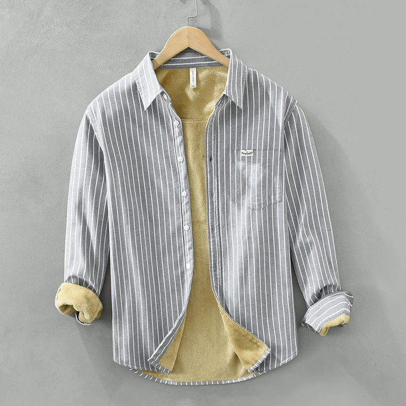

Winter Men Plush Shirt 100% Cotton Long Sleeve Warm Thickened Top Casual Loose striped Shirts Streetwear Mens Clothing