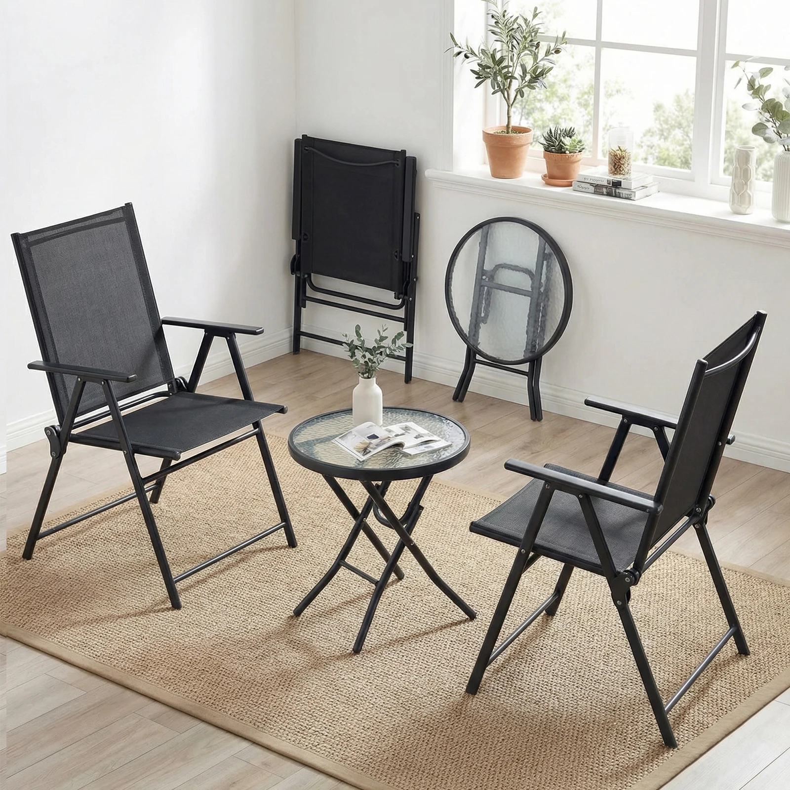 Klappbar Gartenmöbel Set,3-teiliges Outdoor Sitzgruppe 2 Klappstühlen 1 Glastisch Set,Balkonmöbel Set,Ergonomisch,für Balkon,Terrasse – Detail 9
