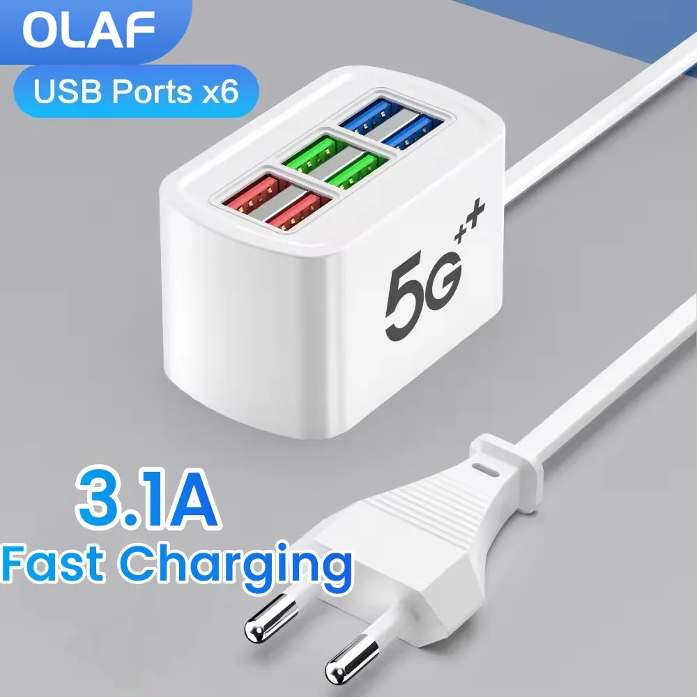 6-in-1 Fast Charging USB Power Station with 1m Cord and Multi-Plug Options