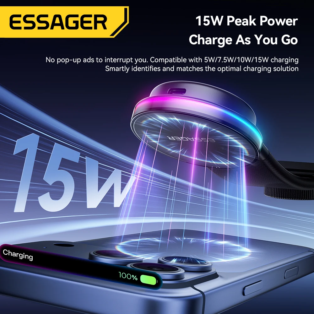 Essager 360° Free Rotation Magnetic Car Phone Holder LED 15W Wireless Charger Stand for Magsafe For iPhone 17 16 15 14 Pro Max