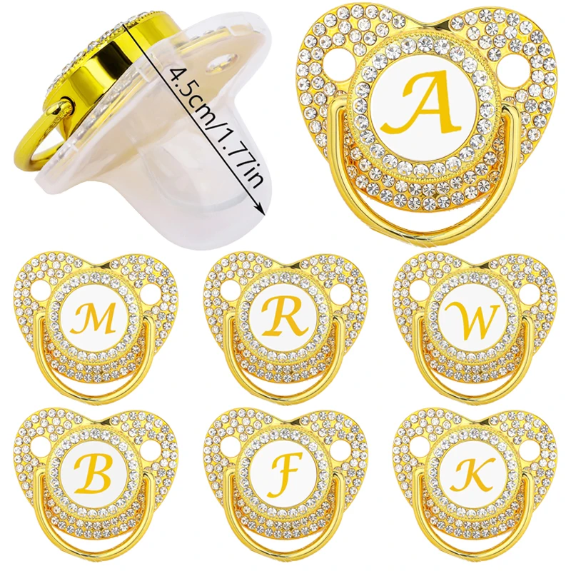 

Name Initial Letter Baby Pacifier Luxury Gold Bling Rhinestone Pacifiers Silicone Soother Nipple Dummy Teat Baby Shower Gift