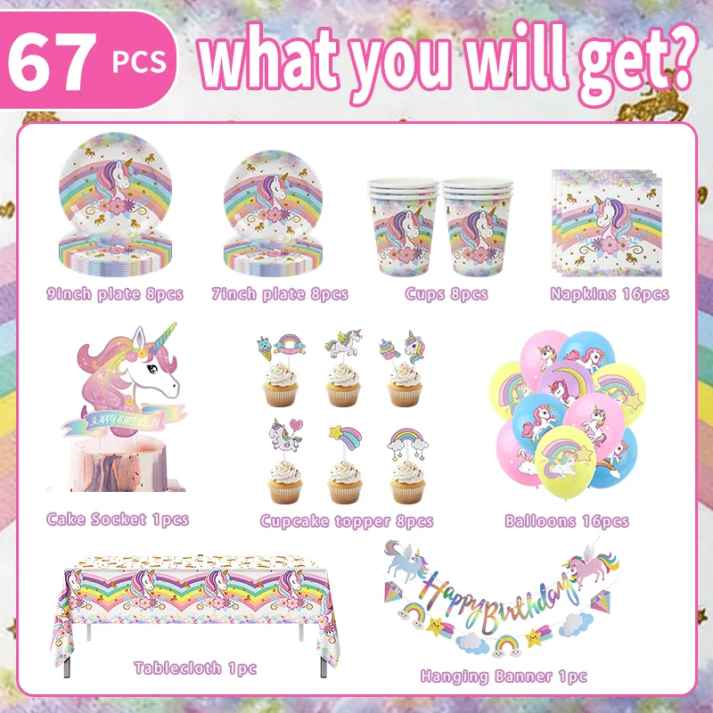 Regenbogen-Einhorn Geburtstagsdekoration Tischgeschirr Teller Tischdecke Servietten Strohhalme Partyzubehör für Kinder Ballon Tortendekoration Banner – Detail 36