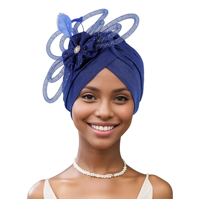 African Pleated Turban Cap For Women Luxury Dinner Party Bonnets Indian Nigerian Headwear Beanies Wedding Hat Fashion 6