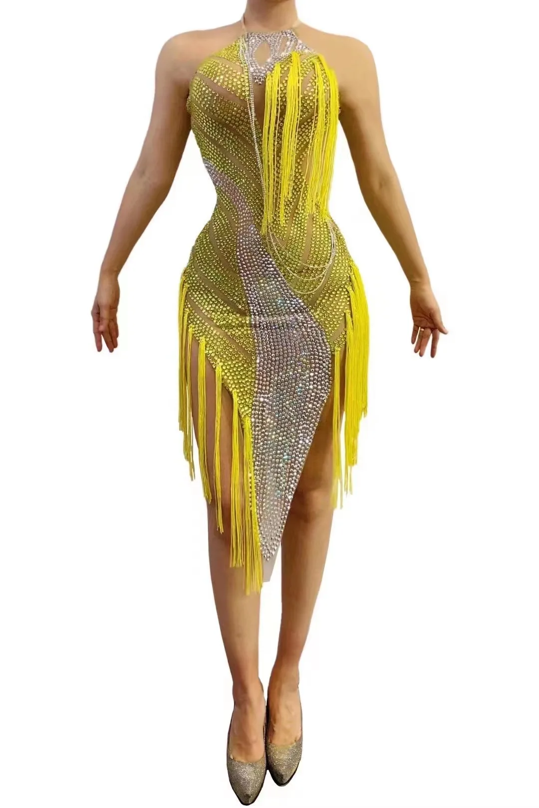 

HalterFashionYellowRhinestonesFringesLatinDressWomenBirthdayCelebrate SeeThroughMeshDressStageCostumeDanceOutfit