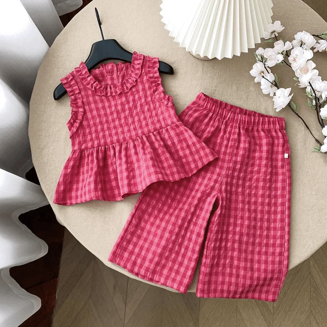 Children's Clothing Sets Retro Plaid Sleeveless Shirt +Flared Palazzo Pants 2pcs Sets Kids Boutique Clothes Baby Girl Outfit Set Sa1a3b64274f3408f845b2e750e9b189c0
