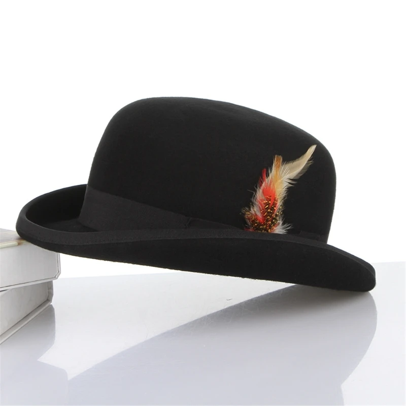 

Ethnic Feather Hat Black Color Felt Gentleman Hat for Carnivals Male Dropship