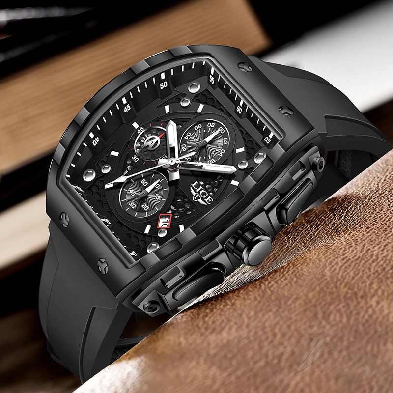 LIGE Creative Black Silicone Watch For Men Military Sports Waterproof Luminous Men's Quartz Wristwatches Square Chronograph Male