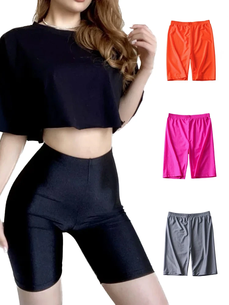 

INDJXND High Waist Fluorescence Color Summer Shorts Shiny Cycling Yoga Sport Bodycon Pants For Women Elastic Slim Short Leggings