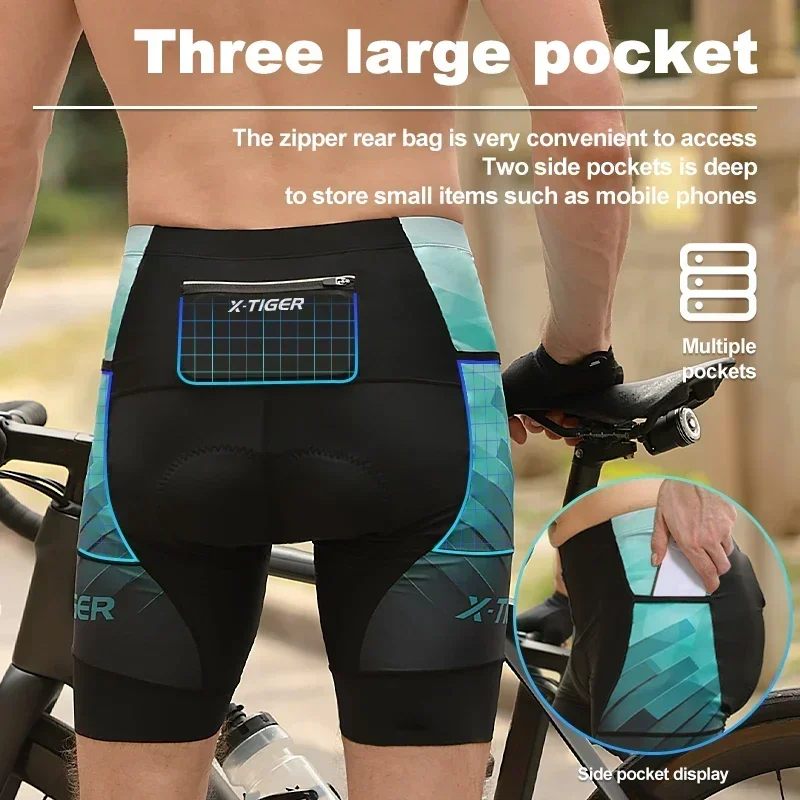 Cycling Shorts Lake Green printed Bike Tights 5D Gel Padded Pro Bicycle Shorts Breathable Man MTB With Pocket X-TIGER