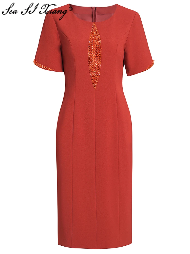 

Seasixiang Fashion Designer Summer Pencil Dress Women's O-Neck Short Sleeve Crystal Beading Elegant Party Dresses