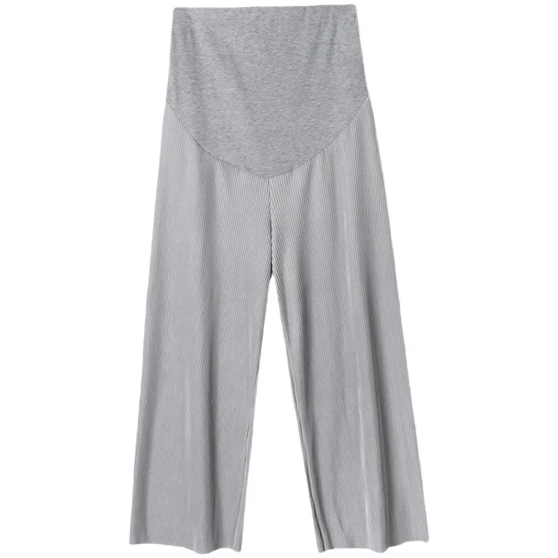 Summer Maternity Belly Trousers Thin High Waist Floor-length Pregnant Woman Pleated Pants Fashion Wide Legs Pregnancy Boot Cut 5