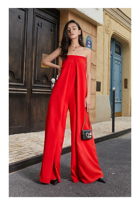 hovedsagelig Planlagt attribut High waist Strapless straight tube Jumpsuit women's elegant party pleated  loose 2022 spring summer red vibrant wide leg Jumpsuit - AliExpress