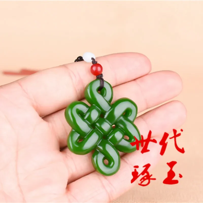 Natural Green White Jade Chinese Knot Pendant Beads Necklace Charm Jewelry Double-sided Hollow Carved Amulet Gifts for Her