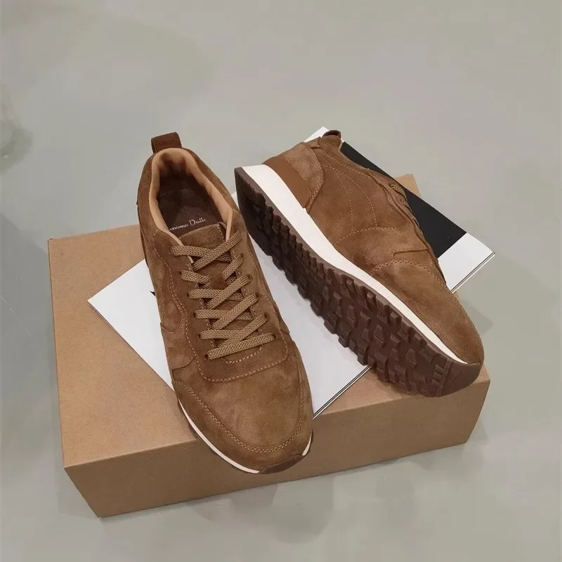 Mrxmus Dutit Men's Shoes Brown Vintage Leather Suede Shoes For Men Round Head Lace-Up Platform Casual Sneakers
