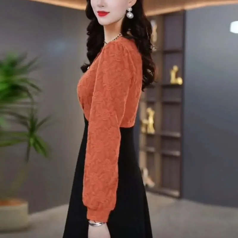 Falso due pezzi eleganti abiti con scollo a v 2024 autunno inverno elegante pizzo Patchwork bottone abbigliamento donna a-line vita Midi Dress 5