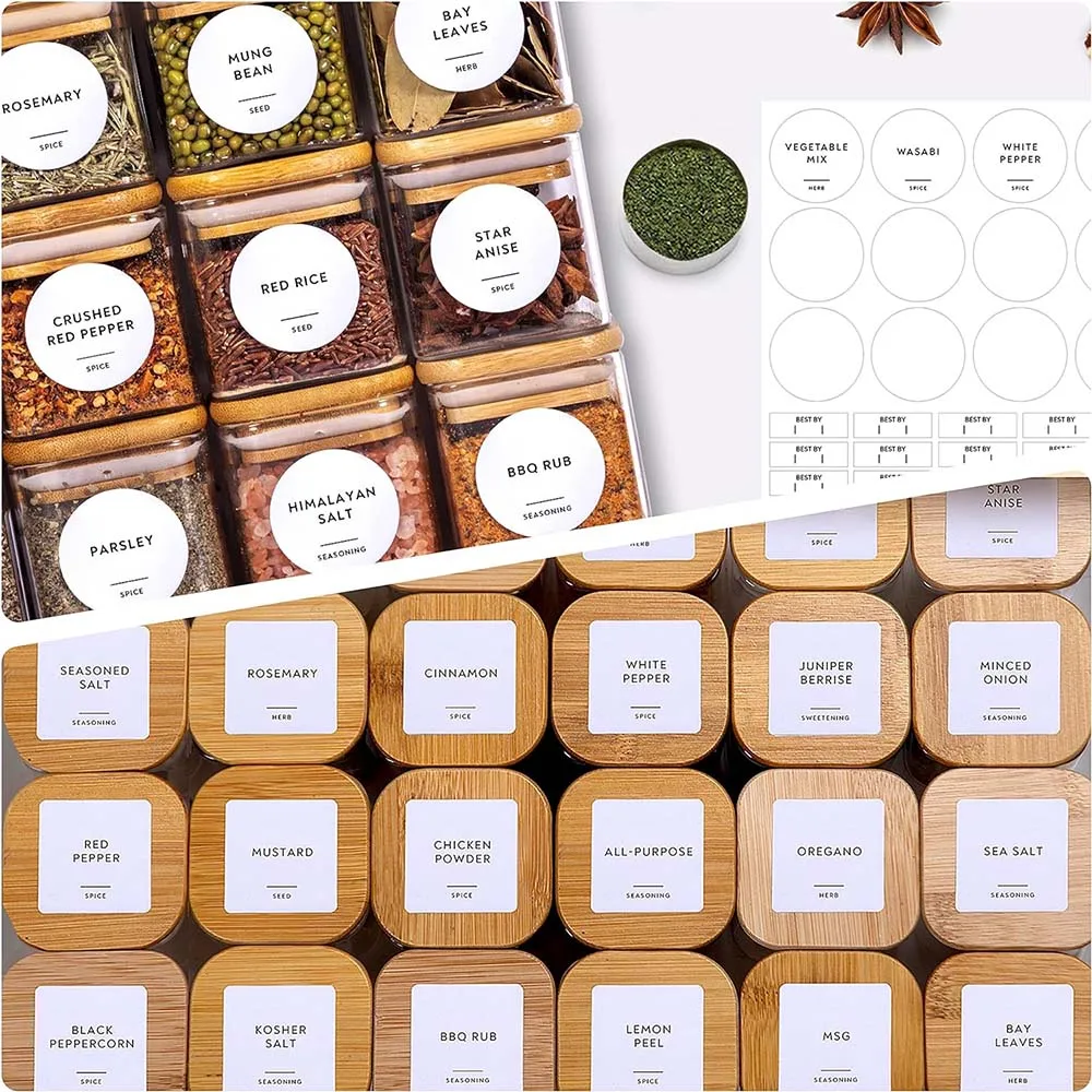 5oz Glass Jars Set with Spice Labels,Square Spice Jars with Bamboo Lids/Sticker Labels, Food Storage Container Canisters 6