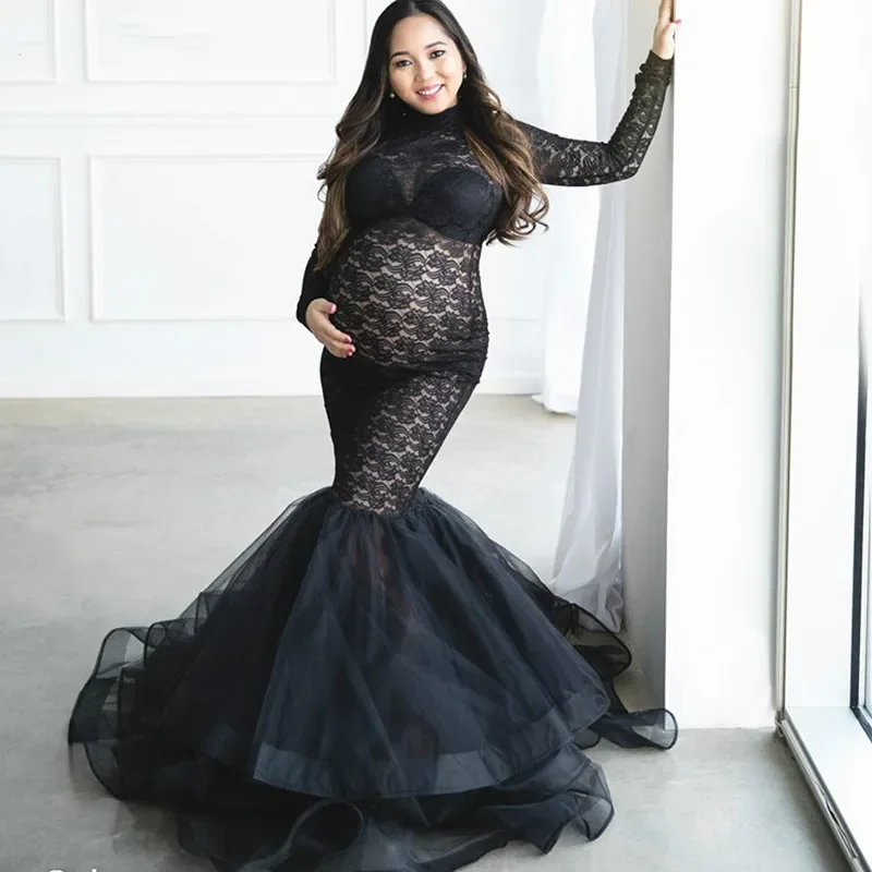 

Black Lace Maternity Dress for Photo Shoot Pregnant Women Long Sleeve Splicing Turtleneck Photography Dresses Pregnancy Dress