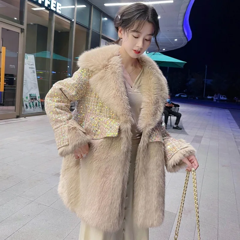 2023 New Women Faux Fur Coat Fashion Patchwork Mid-Length Loose Thick Warm Outcoat Female Temperament Imitation Fox Fur Outwear
