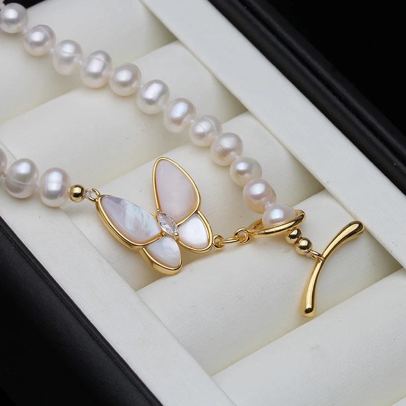 Beautiful Real Freshwater Natural Pearl Necklaces For Women,White Pearl Necklace Engagement Gift Butterflyer