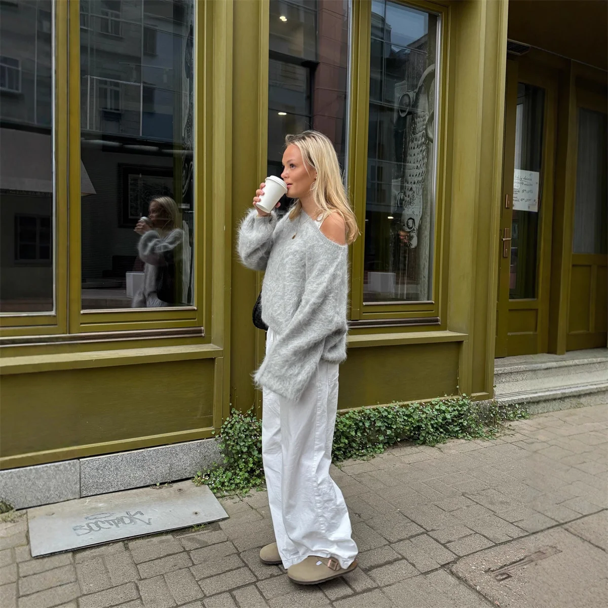 Sweet Solid Off Shoulder Cropped Sweater Pullover Fashion Full Sleeve Loose Knitted Knitwear Lady High Street Autumn Sweaters