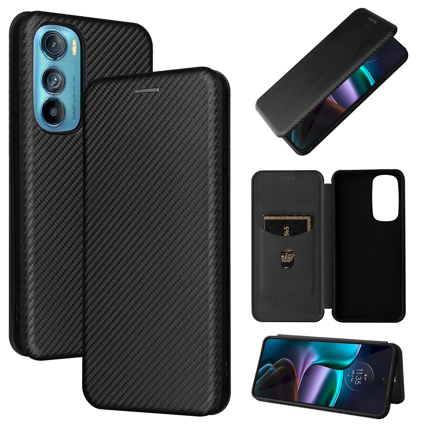 Carbon Fiber Flip Leather Wallet Case For Motorola G22 G52 G82
