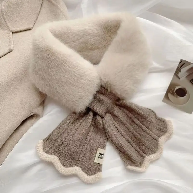 Korean Knitted Fishtail Scarf New Splice Wool Scarf Imitating Rex Rabbit Hair Cross Wool Scarf