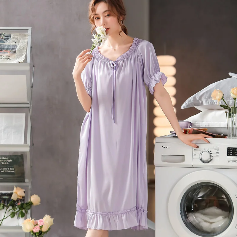 Summer Womens Nightgowns Faux Silk Short Sleeve Sleepshirt Nightdress Nighty Princess Women Girls Solid Nightwear Sleeping Dress