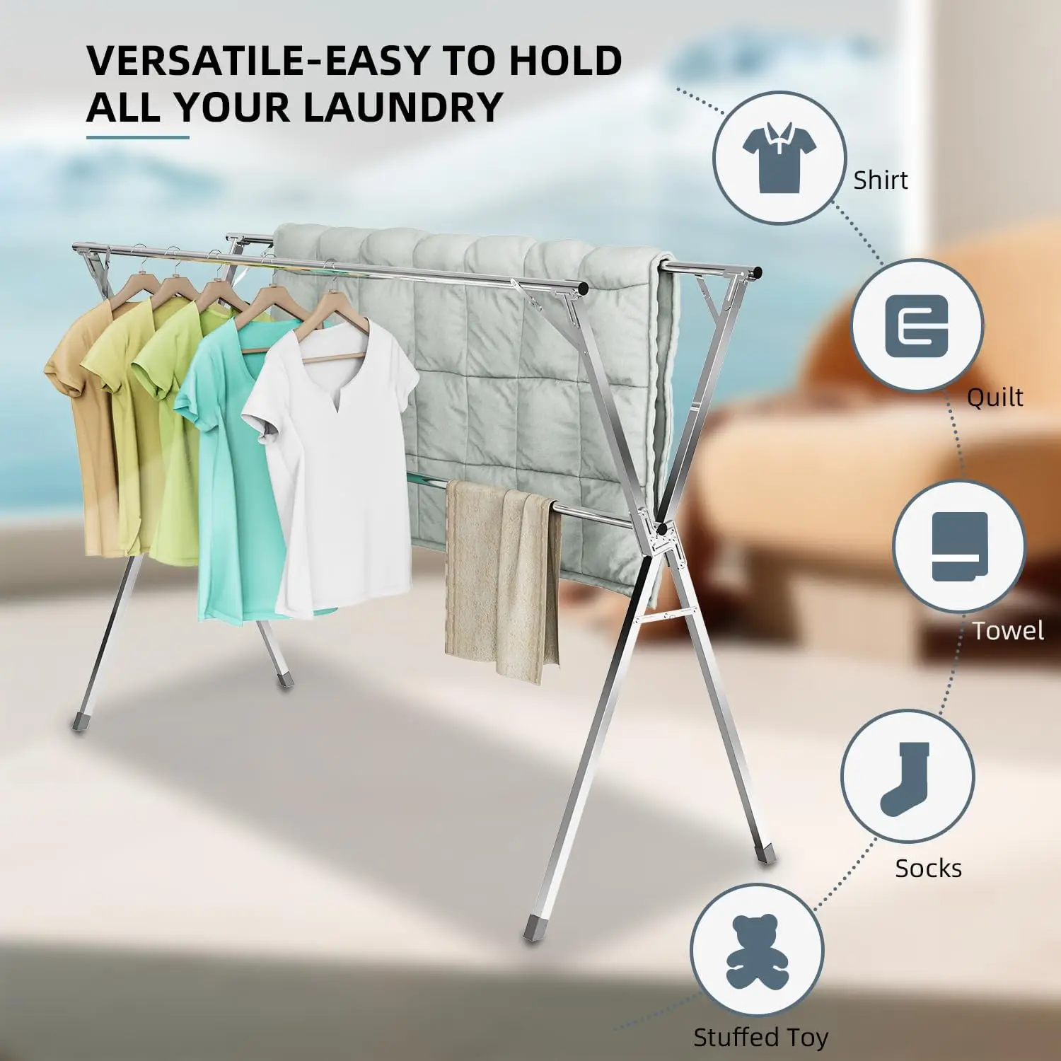 Clothes Drying Rack Heavy Duty Stainless Steel Garment Rack Adjustable and Foldable Laundry Drying for Indoor Outdoor Dryin