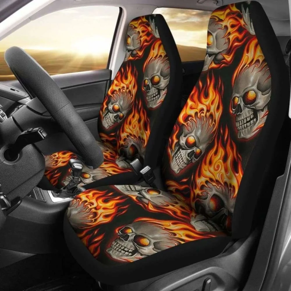 

Set Of 2 Pcs Flaming Fire Skulls Car Seat Covers,Pack of 2 Universal Front Seat Protective Cover