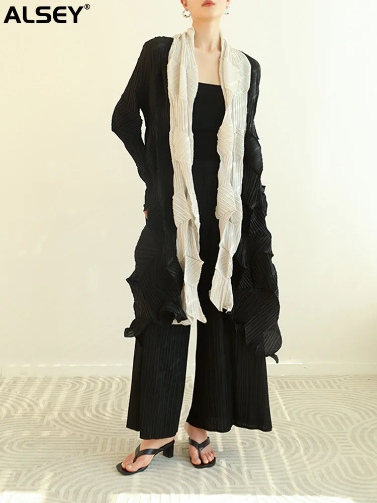 

ALSEY Miyake Colorblocking Pleated Thin Trench Coat Women's Elegant Fashion Aesthetic Folded Jacket Long Sleeve Clothing New